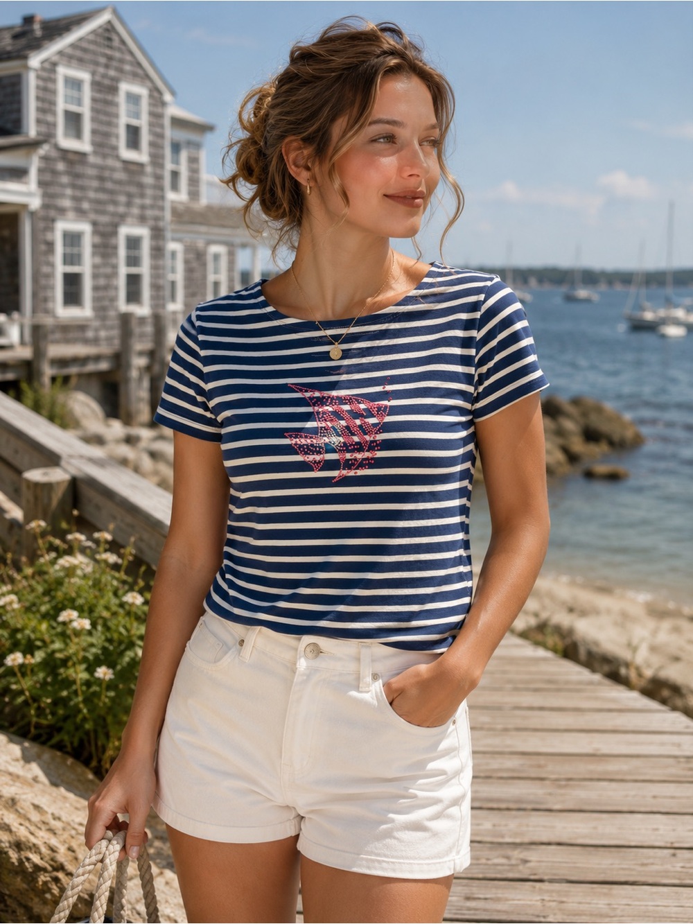 Talbots Navy and White Striped Tee with Pink Fish Motif Coastal Resort wear